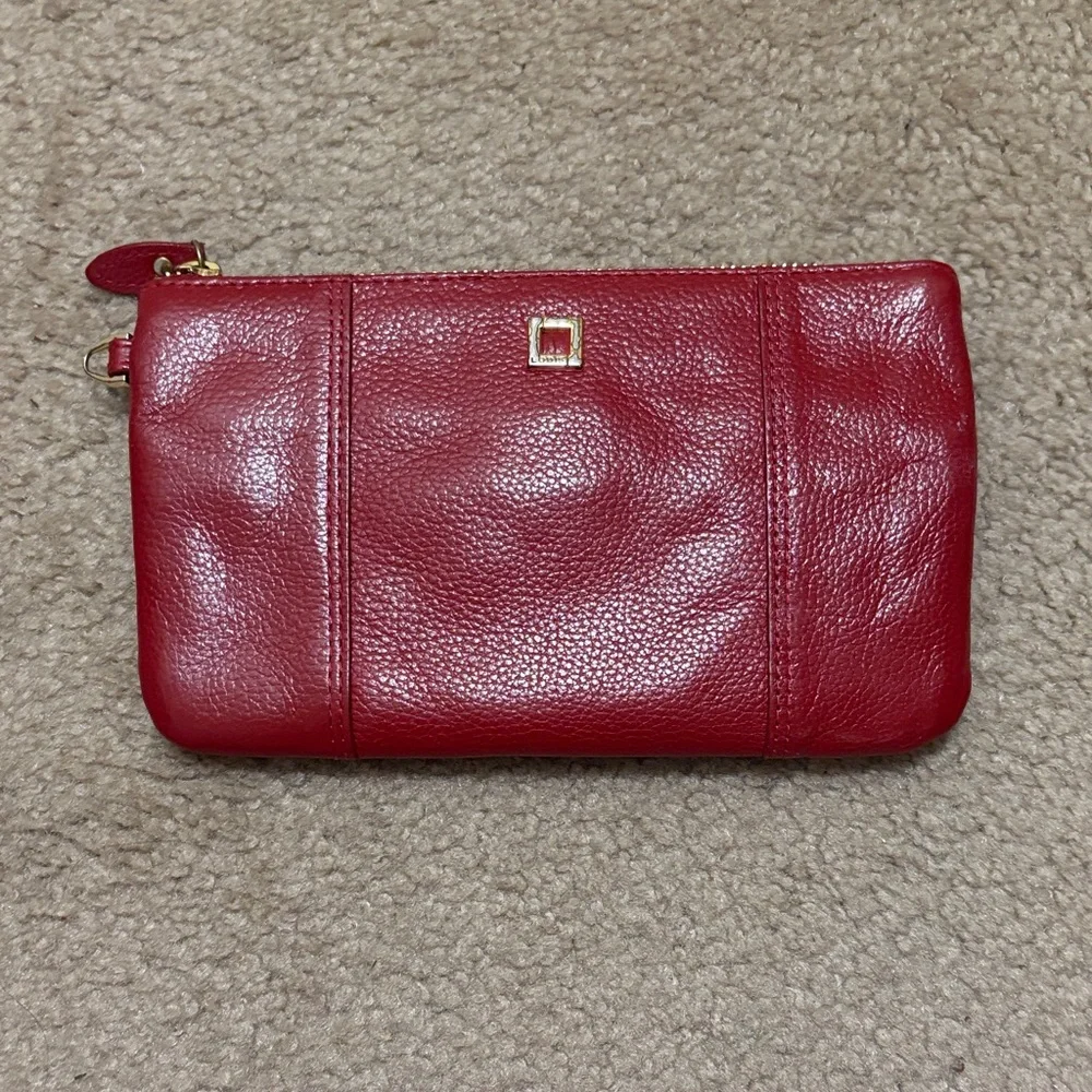 Lodis Red Pebbled Leather Wristlet Clutch with Gold Accent